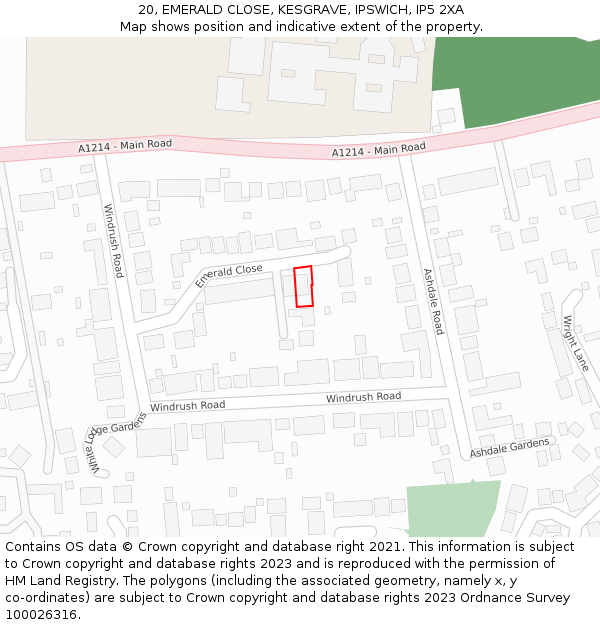 20, EMERALD CLOSE, KESGRAVE, IPSWICH, IP5 2XA: Location map and indicative extent of plot