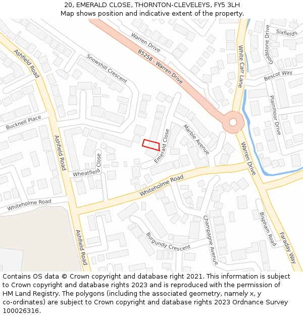 20, EMERALD CLOSE, THORNTON-CLEVELEYS, FY5 3LH: Location map and indicative extent of plot