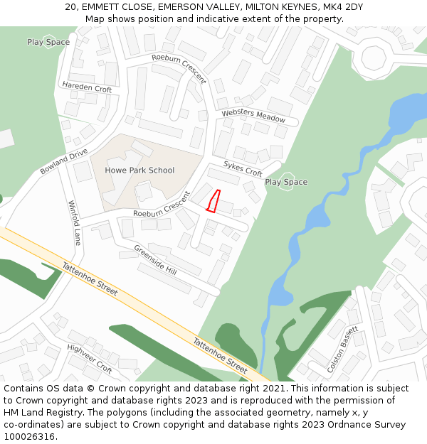 20, EMMETT CLOSE, EMERSON VALLEY, MILTON KEYNES, MK4 2DY: Location map and indicative extent of plot