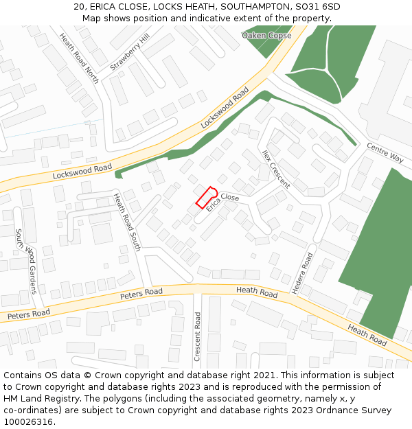 20, ERICA CLOSE, LOCKS HEATH, SOUTHAMPTON, SO31 6SD: Location map and indicative extent of plot