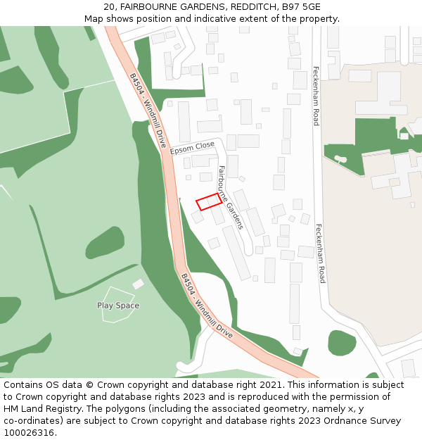 20, FAIRBOURNE GARDENS, REDDITCH, B97 5GE: Location map and indicative extent of plot