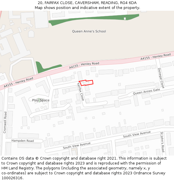 20, FAIRFAX CLOSE, CAVERSHAM, READING, RG4 6DA: Location map and indicative extent of plot