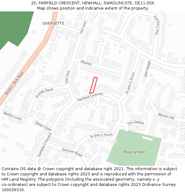 20, FAIRFIELD CRESCENT, NEWHALL, SWADLINCOTE, DE11 0SX: Location map and indicative extent of plot