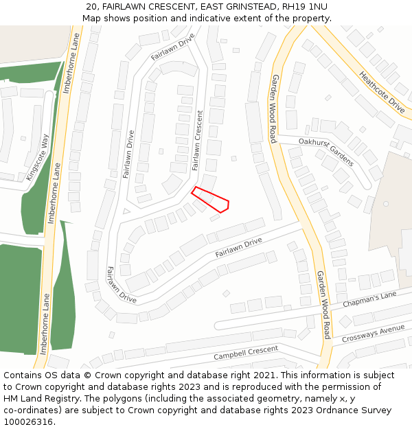 20, FAIRLAWN CRESCENT, EAST GRINSTEAD, RH19 1NU: Location map and indicative extent of plot