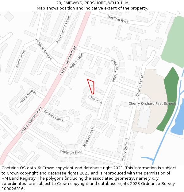 20, FAIRWAYS, PERSHORE, WR10 1HA: Location map and indicative extent of plot