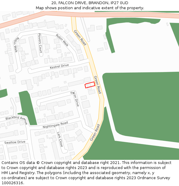 20, FALCON DRIVE, BRANDON, IP27 0UD: Location map and indicative extent of plot