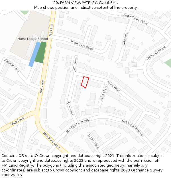 20, FARM VIEW, YATELEY, GU46 6HU: Location map and indicative extent of plot