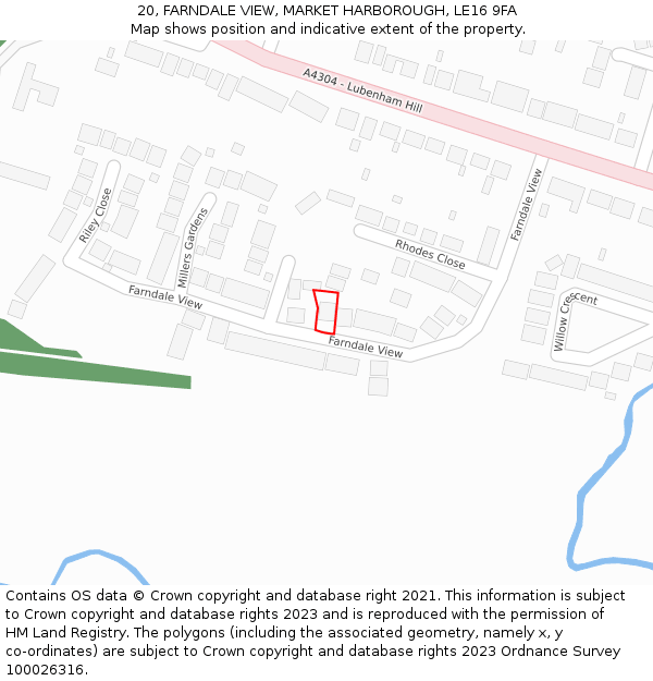 20, FARNDALE VIEW, MARKET HARBOROUGH, LE16 9FA: Location map and indicative extent of plot