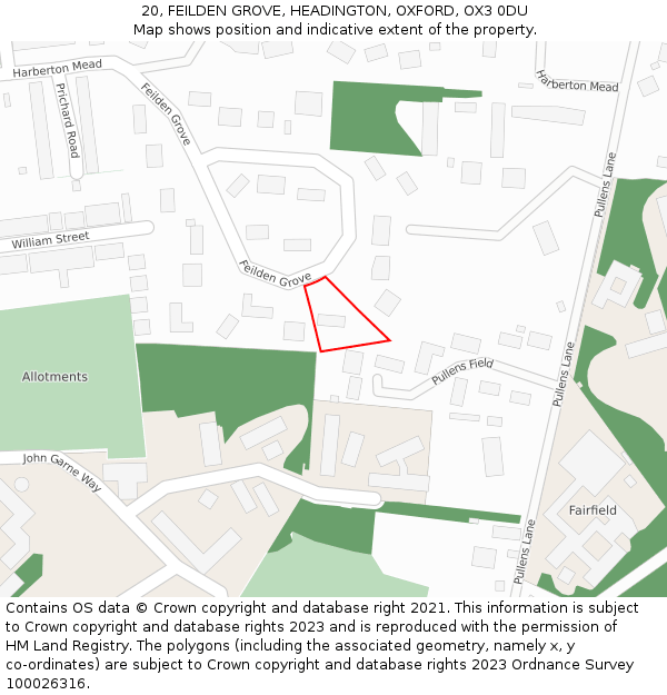 20, FEILDEN GROVE, HEADINGTON, OXFORD, OX3 0DU: Location map and indicative extent of plot