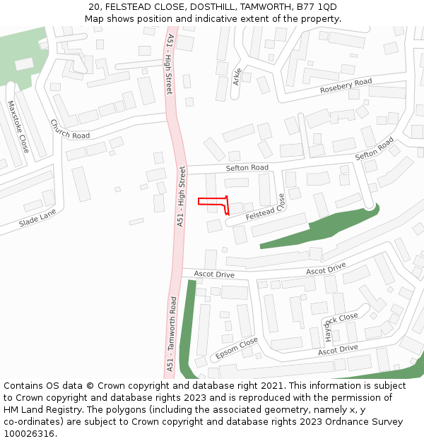 20, FELSTEAD CLOSE, DOSTHILL, TAMWORTH, B77 1QD: Location map and indicative extent of plot