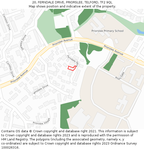 20, FERNDALE DRIVE, PRIORSLEE, TELFORD, TF2 9QL: Location map and indicative extent of plot