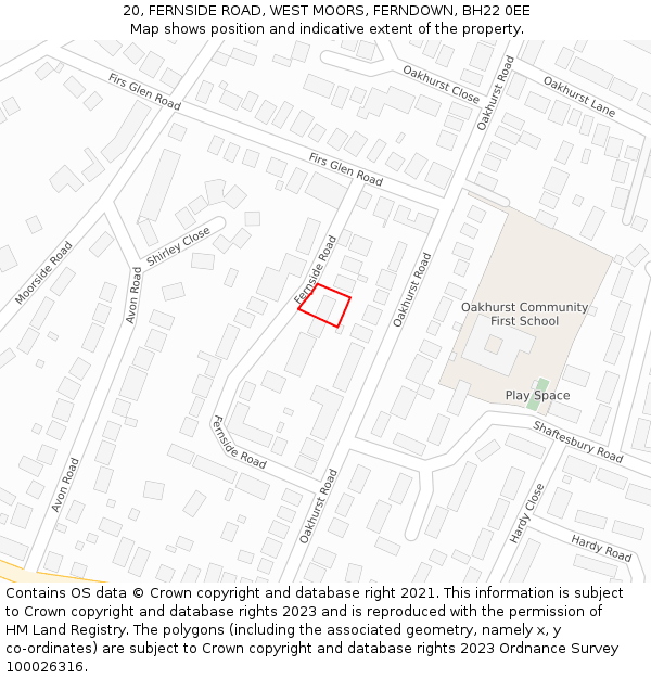 20, FERNSIDE ROAD, WEST MOORS, FERNDOWN, BH22 0EE: Location map and indicative extent of plot