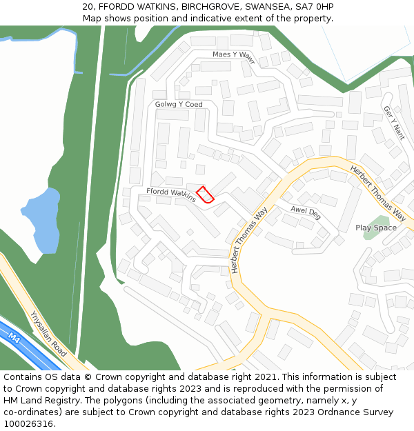 20, FFORDD WATKINS, BIRCHGROVE, SWANSEA, SA7 0HP: Location map and indicative extent of plot