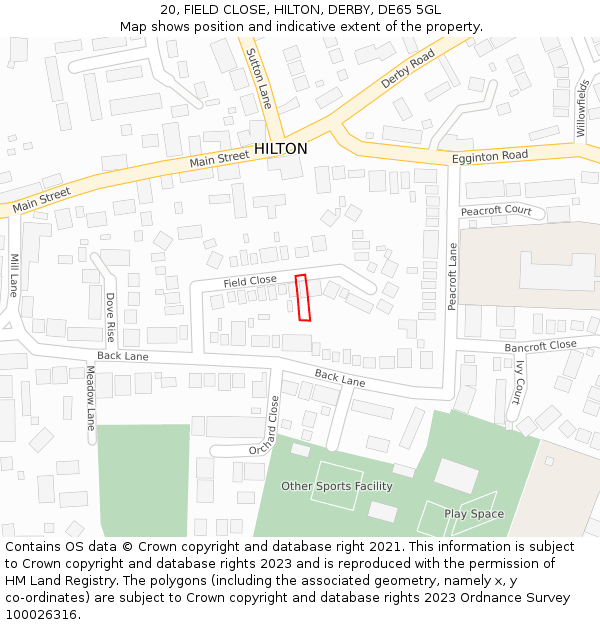 20, FIELD CLOSE, HILTON, DERBY, DE65 5GL: Location map and indicative extent of plot