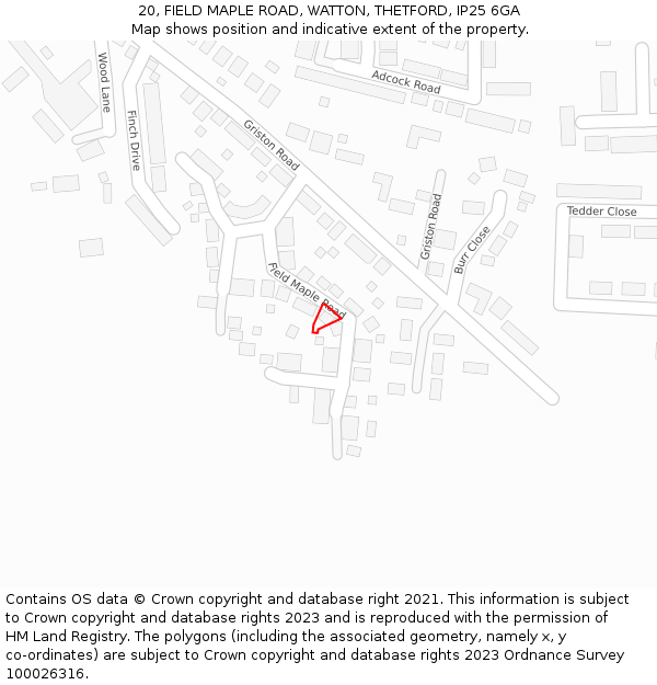 20, FIELD MAPLE ROAD, WATTON, THETFORD, IP25 6GA: Location map and indicative extent of plot