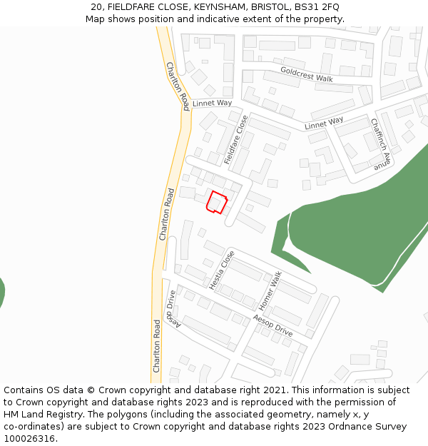 20, FIELDFARE CLOSE, KEYNSHAM, BRISTOL, BS31 2FQ: Location map and indicative extent of plot