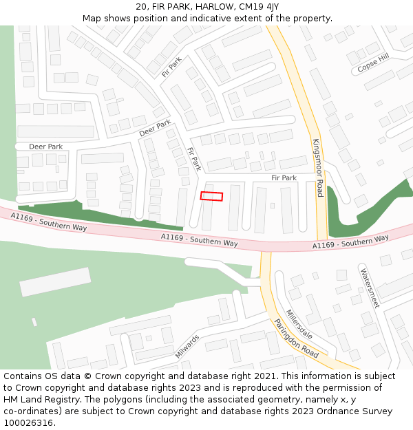 20, FIR PARK, HARLOW, CM19 4JY: Location map and indicative extent of plot