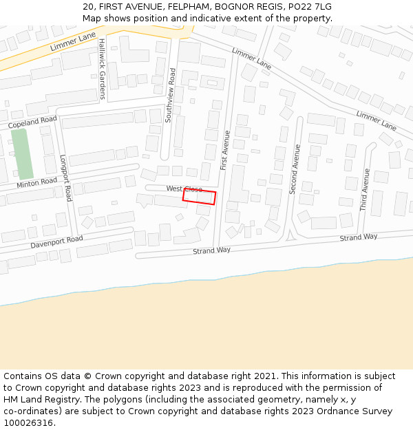 20, FIRST AVENUE, FELPHAM, BOGNOR REGIS, PO22 7LG: Location map and indicative extent of plot