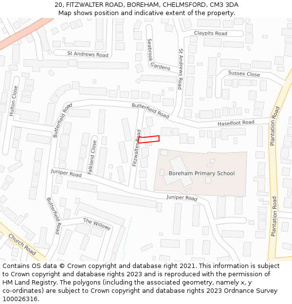 20, FITZWALTER ROAD, BOREHAM, CHELMSFORD, CM3 3DA: Location map and indicative extent of plot
