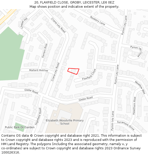 20, FLAXFIELD CLOSE, GROBY, LEICESTER, LE6 0EZ: Location map and indicative extent of plot