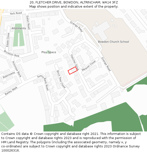 20, FLETCHER DRIVE, BOWDON, ALTRINCHAM, WA14 3FZ: Location map and indicative extent of plot