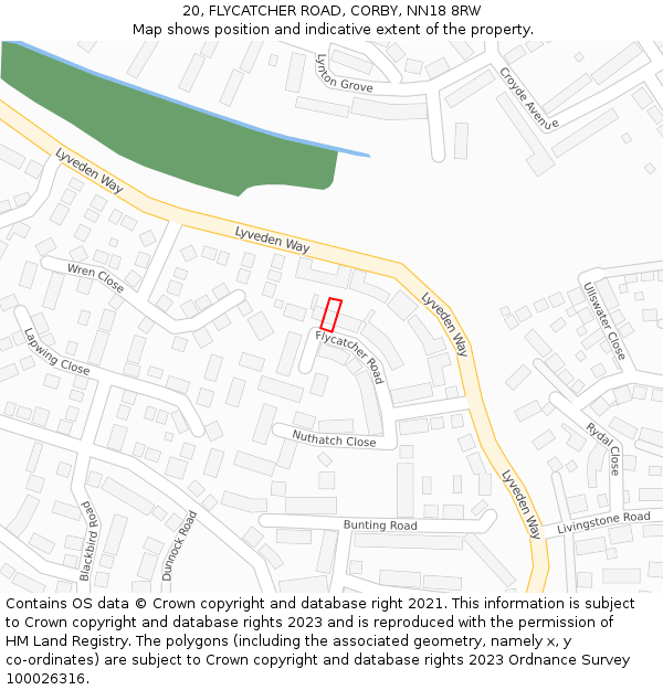 20, FLYCATCHER ROAD, CORBY, NN18 8RW: Location map and indicative extent of plot