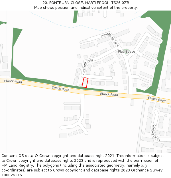 20, FONTBURN CLOSE, HARTLEPOOL, TS26 0ZR: Location map and indicative extent of plot