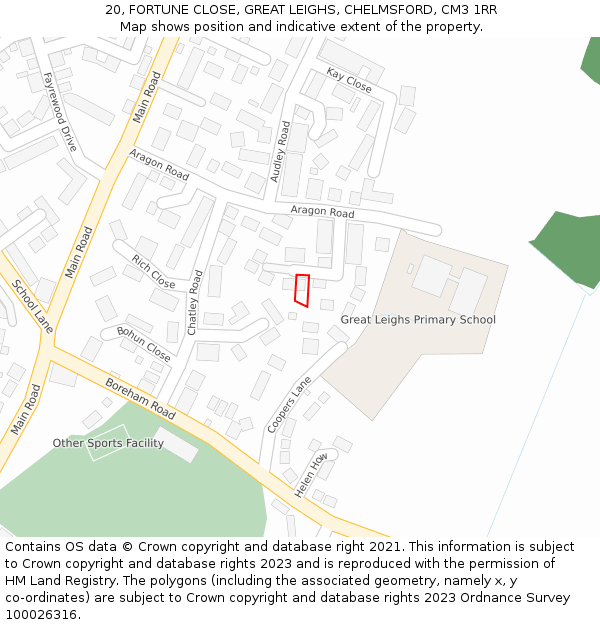 20, FORTUNE CLOSE, GREAT LEIGHS, CHELMSFORD, CM3 1RR: Location map and indicative extent of plot