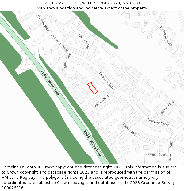 20, FOSSE CLOSE, WELLINGBOROUGH, NN8 2LQ: Location map and indicative extent of plot
