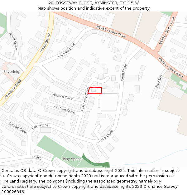 20, FOSSEWAY CLOSE, AXMINSTER, EX13 5LW: Location map and indicative extent of plot