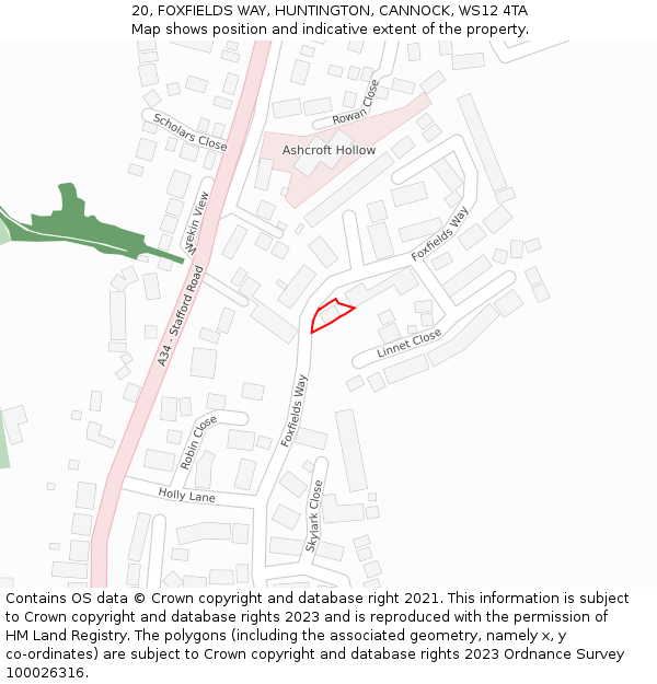 20, FOXFIELDS WAY, HUNTINGTON, CANNOCK, WS12 4TA: Location map and indicative extent of plot