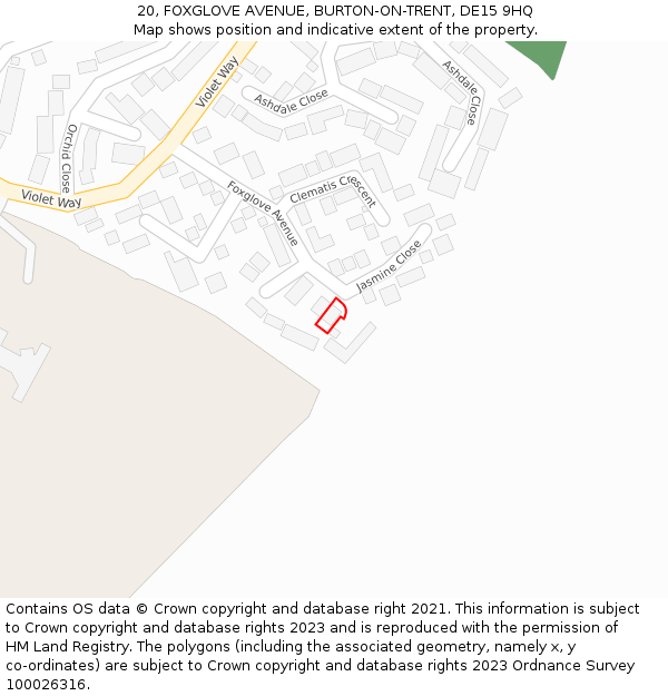 20, FOXGLOVE AVENUE, BURTON-ON-TRENT, DE15 9HQ: Location map and indicative extent of plot