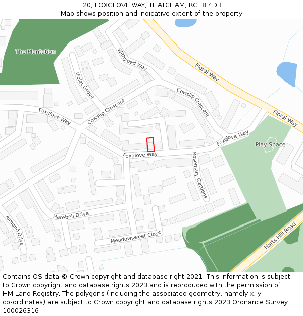20, FOXGLOVE WAY, THATCHAM, RG18 4DB: Location map and indicative extent of plot