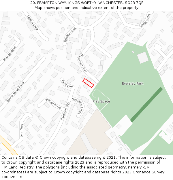 20, FRAMPTON WAY, KINGS WORTHY, WINCHESTER, SO23 7QE: Location map and indicative extent of plot