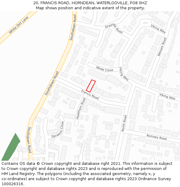 20, FRANCIS ROAD, HORNDEAN, WATERLOOVILLE, PO8 0HZ: Location map and indicative extent of plot