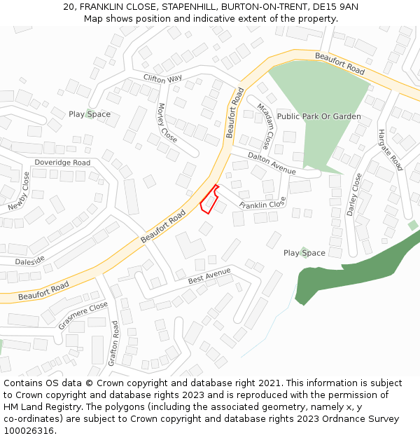 20, FRANKLIN CLOSE, STAPENHILL, BURTON-ON-TRENT, DE15 9AN: Location map and indicative extent of plot