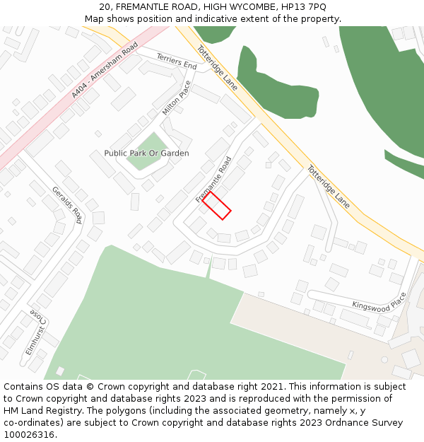 20, FREMANTLE ROAD, HIGH WYCOMBE, HP13 7PQ: Location map and indicative extent of plot