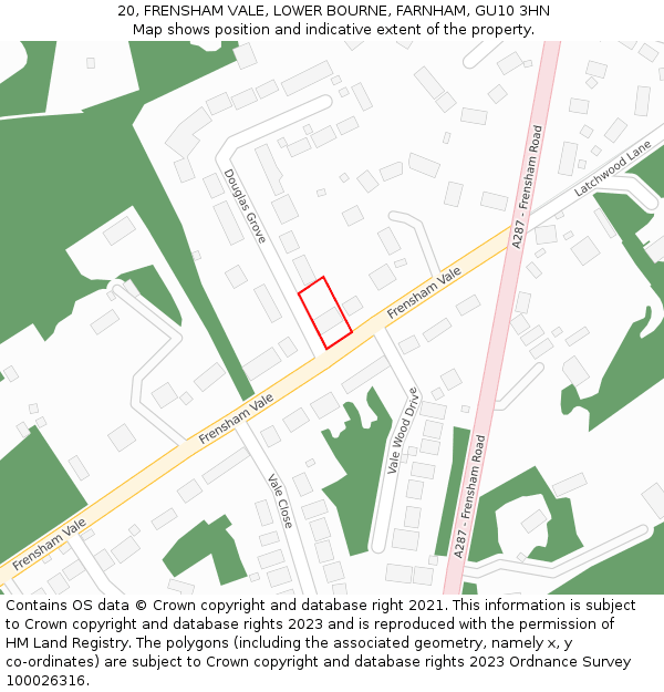 20, FRENSHAM VALE, LOWER BOURNE, FARNHAM, GU10 3HN: Location map and indicative extent of plot