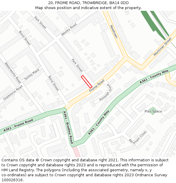 20, FROME ROAD, TROWBRIDGE, BA14 0DD: Location map and indicative extent of plot