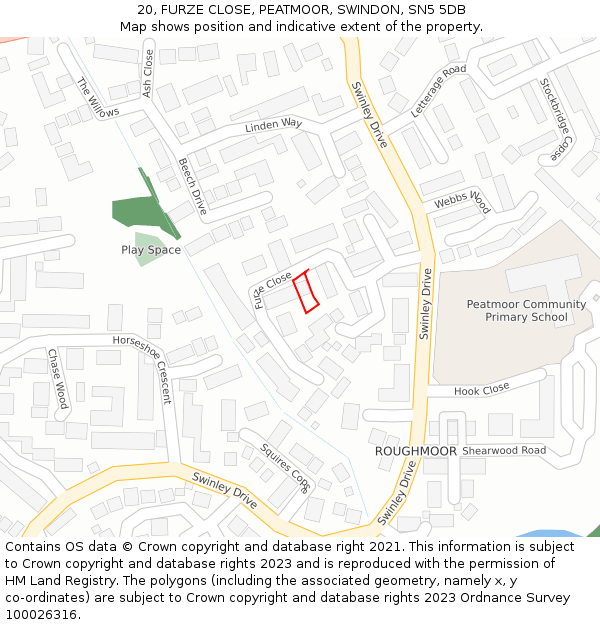 20, FURZE CLOSE, PEATMOOR, SWINDON, SN5 5DB: Location map and indicative extent of plot