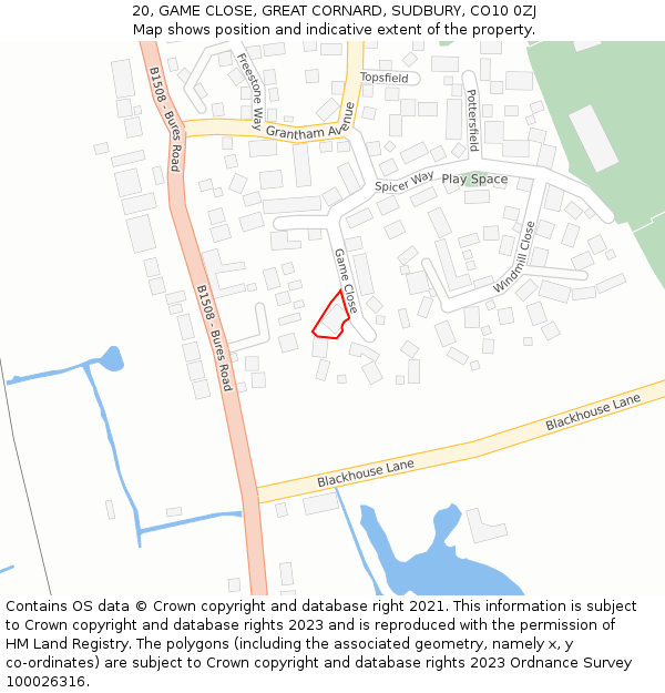 20, GAME CLOSE, GREAT CORNARD, SUDBURY, CO10 0ZJ: Location map and indicative extent of plot