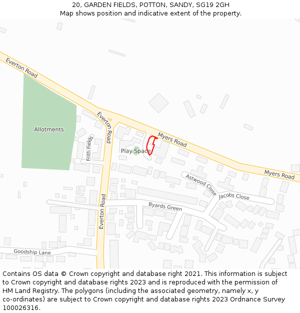 20, GARDEN FIELDS, POTTON, SANDY, SG19 2GH: Location map and indicative extent of plot