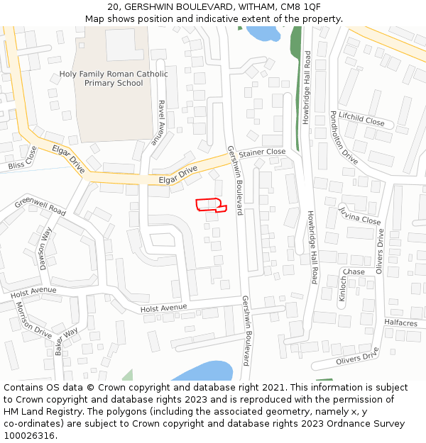 20, GERSHWIN BOULEVARD, WITHAM, CM8 1QF: Location map and indicative extent of plot