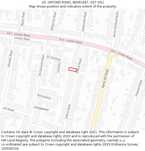 20, GIFFORD ROAD, BENFLEET, SS7 5XU: Location map and indicative extent of plot