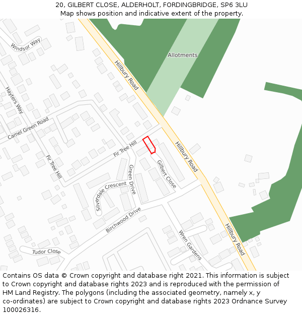 20, GILBERT CLOSE, ALDERHOLT, FORDINGBRIDGE, SP6 3LU: Location map and indicative extent of plot