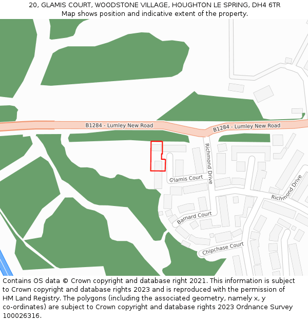 20, GLAMIS COURT, WOODSTONE VILLAGE, HOUGHTON LE SPRING, DH4 6TR: Location map and indicative extent of plot