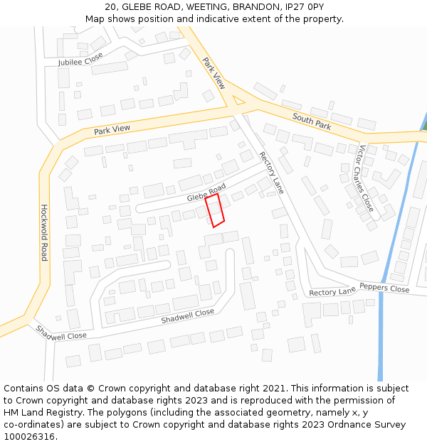 20, GLEBE ROAD, WEETING, BRANDON, IP27 0PY: Location map and indicative extent of plot