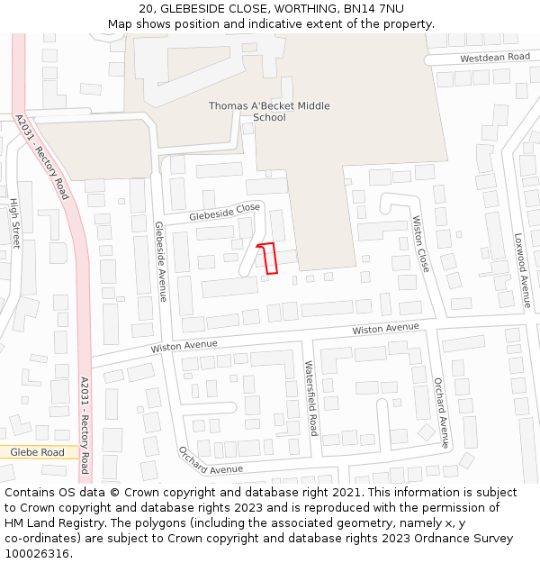 20, GLEBESIDE CLOSE, WORTHING, BN14 7NU: Location map and indicative extent of plot