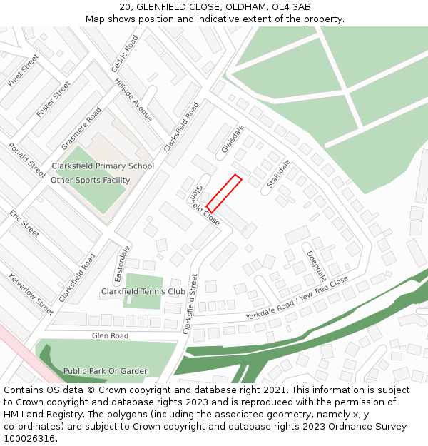 20, GLENFIELD CLOSE, OLDHAM, OL4 3AB: Location map and indicative extent of plot