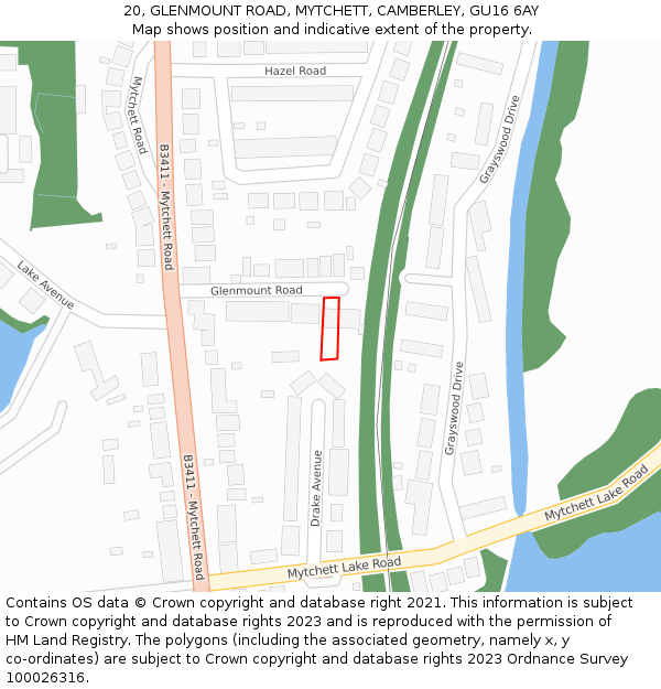 20, GLENMOUNT ROAD, MYTCHETT, CAMBERLEY, GU16 6AY: Location map and indicative extent of plot